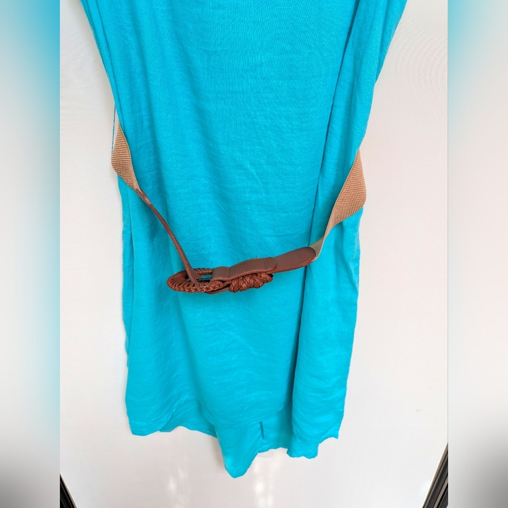 NEW Cynthia Rowley Blue 100% Linen Belted Sleeveless High Low Dress Size 14 - Picture 5 of 13